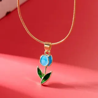 Tulip Flower Pendant Necklace for Women, Pink Enamel Dripped Tulip Collarbone Chain, 18K Gold Plated Alloy, Adjustable 44+5cm, French Vintage Sweet Jewelry Gift
