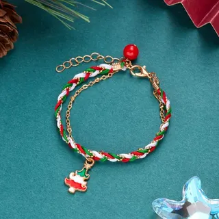 Christmas Tree Enamel Charm Braided Bracelet, Red White Green Woven Rope with Gold Alloy Bead & Adjustable Extender Chain, Holiday Gift Jewelry for Women