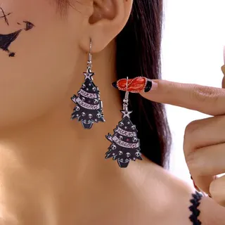 Halloween Skull Christmas Tree Earrings, Gothic Dark Acrylic Dangle Earrings, Black & White Punk Party Jewelry, Lightweight Festival Cosplay Accessories (Pair)