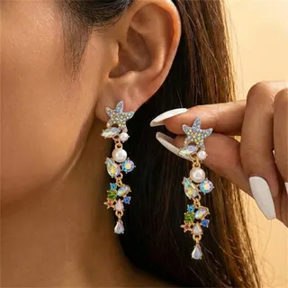 Colorful Pearl Starfish Tassel Earrings - 18K Gold Plated Alloy, AB Rhinestone Long Dangle Earrings, Ocean Vacation Style, Face-Slimming, 6.5cm, Pair
