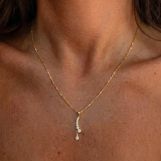 18K Gold Plated Stainless Steel Zirconia Teardrop Necklace, Round Crystal Dangle Pendant Chain, Adjustable 40+5cm, Hypoallergenic Fashion Jewelry for Women