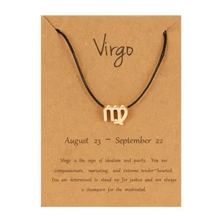Virgo Zodiac Sign Necklace, Black Cord Pendant, 18K Gold Plated Alloy, Adjustable 18-32cm, with Kraft Card Gift Packaging