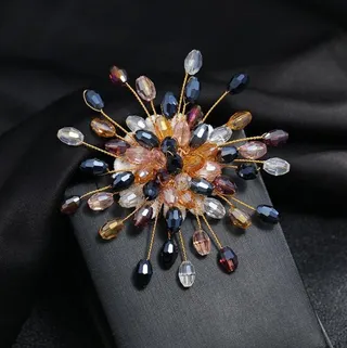 Vintage Fireworks Brooch for Women, Luxury Crystal & Pearl Radiant Pin, Gold-Toned Copper Wire Multi-Color Faceted Stones, 7.5cm Coat Blazer Lapel Accessory