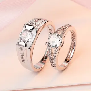 Adjustable Open-Back Couple Rings Set, White Gold Plated with Round Zirconia, Elegant Promise Engagement Ring for Her and Him, 2 Pcs