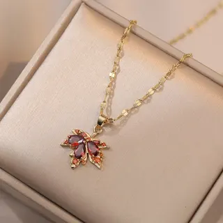 Autumn Maple Leaf Necklace for Women, Orange Zircon Pendant Clavicle Chain, 18K Gold Plated Copper & Stainless Steel, 40+5cm Adjustable, Elegant Gift Jewelry