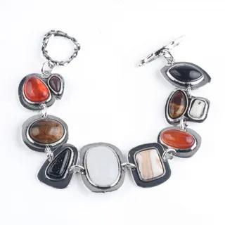 Silver Semi-Precious Stone Bracelet - Bohemian Irregular Multi-Gem Alloy Charm Bracelet with Red Agate & Tiger Eye, Vintage Statement Jewelry for Women, 16cm