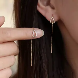 Silver Teardrop Hollow Rhinestone Tassel Earline Earrings, Copper Base Micro-Paved Crystal Long Dangle Earrings for Women, Elegant Party & Daily Jewelry Pair