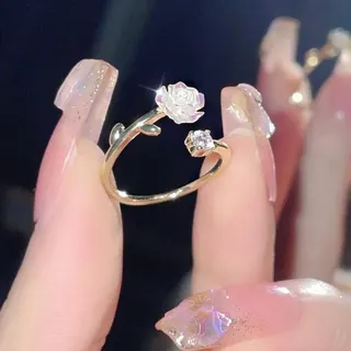 Rose Flower Ring for Women, Adjustable Open Band with Rhinestone, 18K Gold Plated Alloy, French Vintage Delicate Stacking Ring, Bridal & Gift Jewelry
