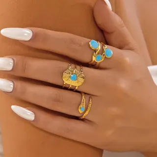 Vintage Turquoise Snake Ring Set of 3 - 18K Gold Plated Stainless Steel, Hypoallergenic, Boho Stackable Open Rings for Women
