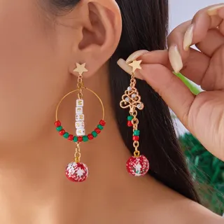 Christmas Beaded Letter Drop Earrings, 18K Gold Plated Alloy Star Stud with Red Green Beads & Chinese Knot Charm, 3.5x8cm Holiday Gift Pair