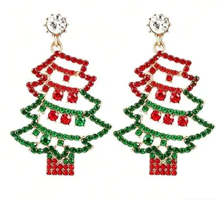 Christmas Tree Earrings for Women, Alloy & Rhinestone Red Green Festive Dangle Earrings, Holiday Party Jewelry Gift