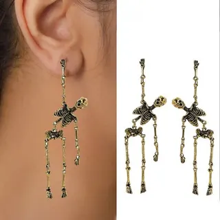 Halloween Skeleton Earrings Gold Alloy Long Dangle Gothic Punk Skull Drop Earrings for Women Cosplay Party Jewelry