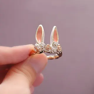 Cute Bunny Ears Enamel Open Ring, 18K Gold Plated Alloy Adjustable Finger Ring, Sweet Girl Cartoon Rabbit Ear Jewelry Gift