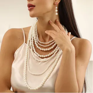 French Vintage Pearl Necklace Long Layered Sweater Chain White Multi-Strand with Pearl Earrings Set for Women 42+6.5cm