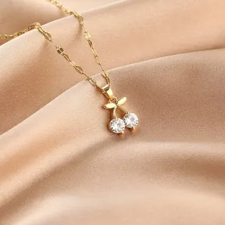 Cherry Zircon Necklace for Women, 18K Gold Plated Stainless Steel Clavicle Chain, Sweet Double Cherry Pendant with Adjustable 40+5cm Extender