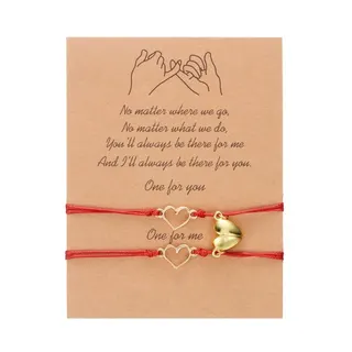 Magnetic Heart Lovers Bracelet Set - Red & Black Braided Cord with Gold Alloy Heart Charm, Adjustable 14-28cm, Gift Card Packaging for Couples