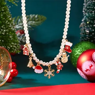 Christmas Snowman Pearl Necklace - 18K Gold Plated Alloy with Gingerbread Man, Candy Cane & Gift Charm, Adjustable 36+5cm Festive Jewelry