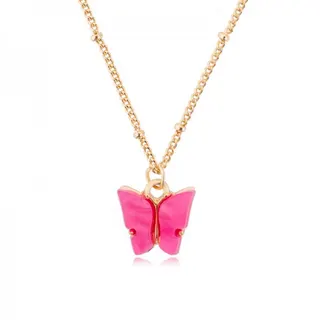 Deep Pink Butterfly Acrylic Alloy Necklace, KC Gold Plated Delicate Pendant Choker Chain, Sweet Lightweight Jewelry for Women