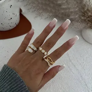 3pcs Stainless Steel Open Ring Set, Champagne Gold Mother of Pearl & Pearl Inlay, Adjustable Stackable Rings for Women, Hypoallergenic 18K Gold Plated