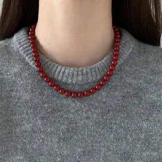 Ankara Red Glass Pearl Necklace - Alloy Electroplated 6mm Round Bead Chain, 40+5cm Adjustable, Vintage White-Brightening Collarbone Necklace for Knitwear