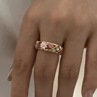 Vintage Enamel Floral Open Ring - 18K Gold Plated Copper, Hollow Cut with Rhinestone Flowers, Adjustable French Garden Style Women's Ring