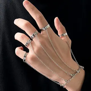 Detachable Finger Chain Ring Bracelet Set, 5 Open Band Rings with Connecting Chain, Silver Plated Alloy, Punk Minimalist Hand Jewelry for Women