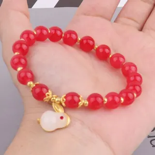 8mm Red Rabbit Charm Beaded Bracelet - Resin Red Beads with Gold Spacers, Adjustable Elastic String, Chinese Zodiac Rabbit Gift for Women