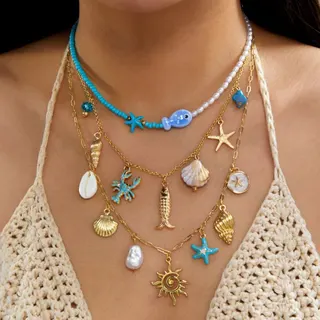 Boho Beach Layered Necklace Set - Ocean Theme Starfish Scallop Fish Sun Pendant, 18K Gold Plated Alloy with Imitation Pearl Beaded Chain, 3-Layer Statement Necklace for Summer Vacation