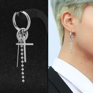 Cross Dangle Earring for Men, Steel Color Chain Tassel Long Hoop Earring, Stainless Steel Hypoallergenic Geometric Punk Single Earring, 7cm