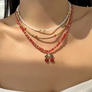 Vintage Cherry Necklace Set for Women - 3-Piece Layered Crystal Beaded Chain with Rhinestone Cherry Pendant, 18K Gold Plated Alloy, Red & White Beaded Choker