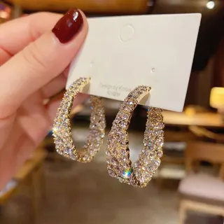Korean Style White Crystal C-Shape Hoop Earrings, Geometric Rhinestone Stud Earrings with 925 Silver Post, 18K Gold Plated Alloy, Face-Slimming Elegant Jewelry 2.8cm