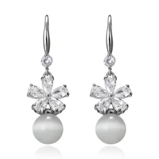 Luxury Flower Zircon Cat's Eye Drop Earrings, White Gold Plated, Five-Petal Micro-Paved Dangle Earrings, Face-Slimming Bridal & Daily Jewelry, 1.1x3.5cm, Sold by Pair