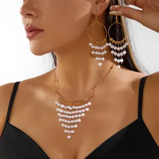 Luxury French Vintage Pearl Tassel Necklace & Hoop Earrings Set, Gold 18K Plated Alloy with Imitation Pearls, Multi-Layer Dangle Jewelry for Wedding Bridesmaid Vacation