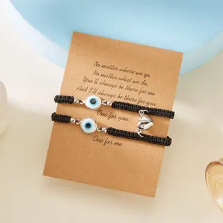 Evil Eye Woven Bracelet Set for Couples & Best Friends, Resin Blue Eye Bead + Silver Heart Charm, Adjustable 18-30cm Black Braided Cord, Protective Lucky Gift