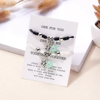 Halloween Spider Glow-in-the-dark Bracelet Set for Couples, Hand-knitted Adjustable Braided Cord with Alloy Silver Beads & Glowing Beads, Cute Gothic Wish Bracelet 16-23cm