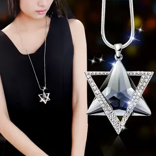Hexagram Star Crystal Pendant Necklace Women, Rhinestone Inlaid Long Sweater Chain, Alloy 60cm Geometric Luxury Jewelry