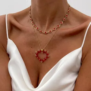Double Layer Heart Necklace for Women, Red Garnet Beaded Heart Pendant with 18K Gold Plated Chain, Elegant Clavicle Chain, Valentine's Day & Anniversary Gift
