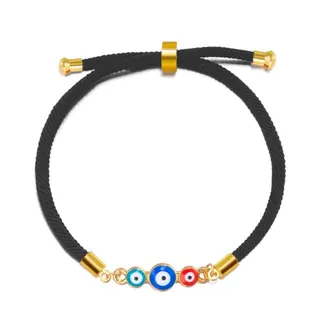 Evil Eye Bracelet for Women, Boho Color-Block Adjustable Drawstring Beaded Bracelet, 18K Gold Plated Alloy & Braided Cord, Protective Lucky Charm, 18-24cm