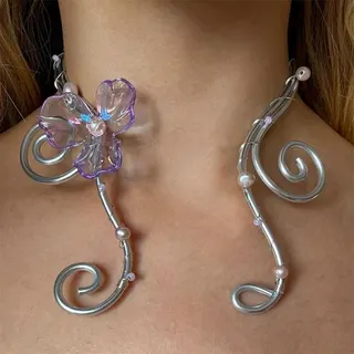 Boho Fairy Flower Necklace Asymmetric Wire Wrap Choker with Purple Acrylic Petal & Pearl, White Gold Plated Long Chain ~50cm