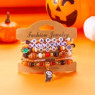 Halloween Beaded Bracelet Set - Spider & Ghost Charm Multi-Strand Bracelet, Alloy + Plastic, Cute Spooky Party Accessory, Approx 18cm