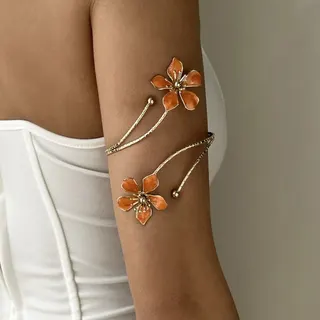 Pink Cherry Blossom Flower Cuff Bracelet, Enamel Floral Arm Cuff with Silver-tone Wire, French Vintage Elegant Hand Jewelry for Women, Approx 8cm