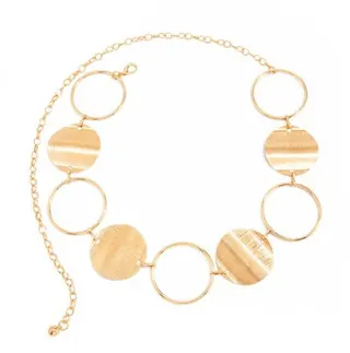 Geometric Circle Waist Chain Body Chain, Zinc Alloy White Gold, Brushed Disc & Polished Ring Link, Adjustable 110cm, Minimalist Hip Belt for Women