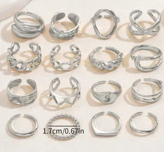 16 Pcs Open Ring Set, Adjustable Alloy Silver-Plated Stacking Rings, Twist Chain Hollow Geometric Design, Ins Style Women's Jewelry Gift Set