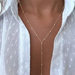 Elegant Lariat Bead Necklace for Women, Gold Alloy Y-Shape Drop Chain with Spaced Beads, 45+6cm Long Pendant Lariat, Minimalist Everyday Jewelry