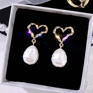 Heart Cutout Pearl Drop Earrings Women, 925 Silver Post Hypoallergenic, Gold Plated Alloy with Baroque Faux Pearl, 4cm, Pair