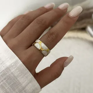 Vintage Square Ring for Women - Stainless Steel 18K Gold Plated White Mother of Pearl Resin Inlay Ring, Hypoallergenic Fashion Jewelry