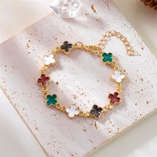Vintage Clover Bracelet for Women, White Enamel Four-Leaf Clover Chain Bracelet, 18K Gold Plated Alloy, Adjustable Extender Chain, 15+5cm
