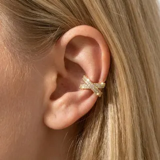 White Gold Zircon Ear Cuff - No Piercing Needed, X-Shape Geometric Paved Stud Clip Earring, Minimalist Luxury 0.9cm