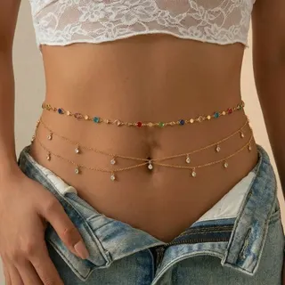 Boho Body Chain for Women, Double Layer Gold Waist Chain with Colorful Rhinestones & Teardrop Zircon Dangles, Adjustable Hip Belt for Beach Party