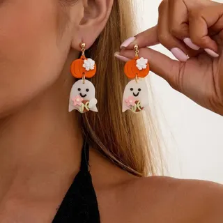 Halloween Ghost Earrings - White Cartoon Acrylic Dangle Earrings, Oversized Funny Party & Cosplay Jewelry, 7x4.2cm, Pair